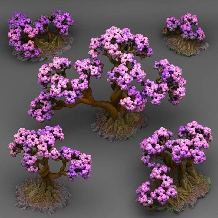 Bonsai cherry trees miniatures in vibrant pink and purple, perfect for tabletop wargaming and Dungeons and Dragons.