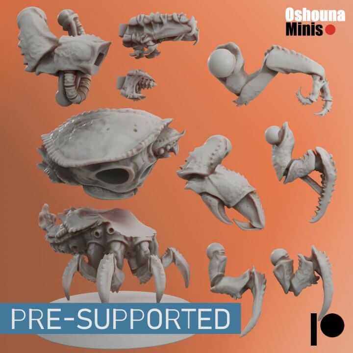 Pre-supported resin miniatures featuring various Crab Guard designs for tabletop wargaming.