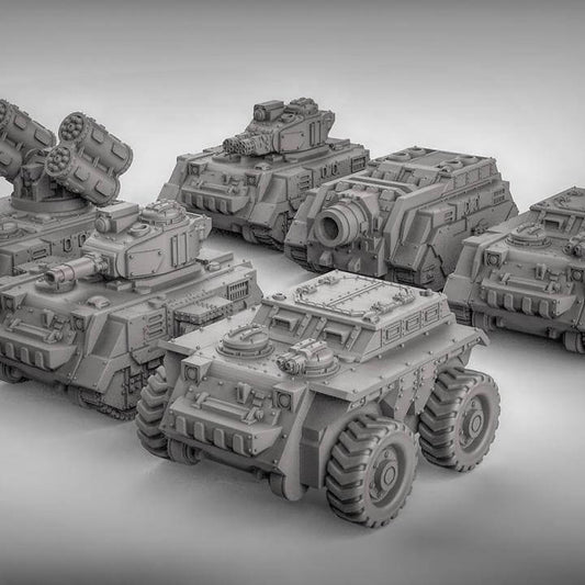 Collection of detailed resin tanks for tabletop wargaming, perfect for Dungeons and Dragons and RPG scenarios.