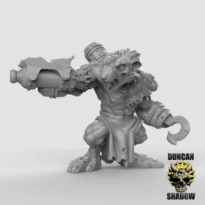 Rat Ogre miniature in gray resin for tabletop wargaming, featuring a menacing pose with a gun and a claw.