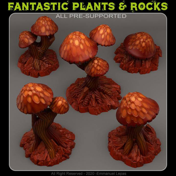 Giant orange mushrooms on brown bases, perfect for Dungeons and Dragons tabletop gaming and miniature collections.