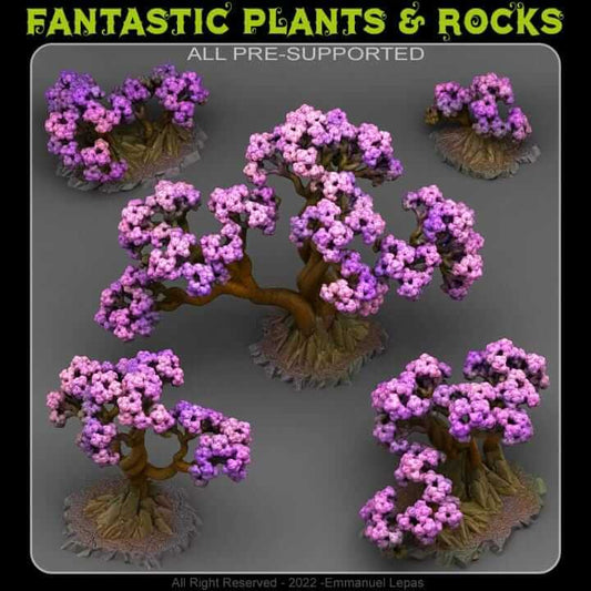 Set of pre-supported resin Bonsai cherry trees with pink blossoms for tabletop wargaming and RPGs like Dungeons and Dragons