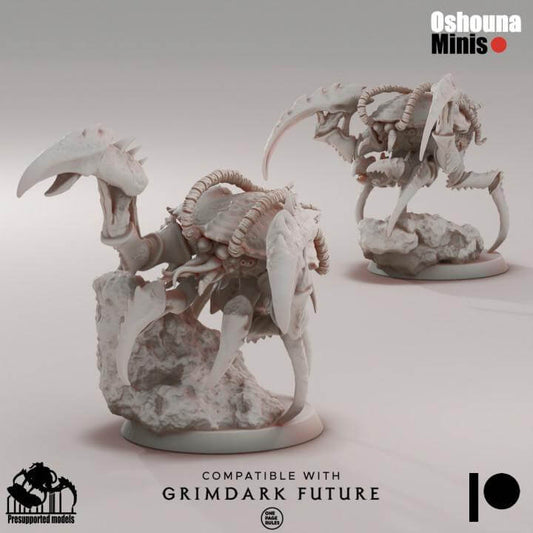 Assassin Shrimps miniatures for tabletop gaming, compatible with GrimDark Future, unpainted resin models on 40mm bases.