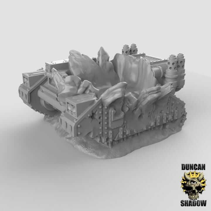 Wrecked tank miniature for tabletop wargaming, ideal for D&D and RPG, featuring detailed resin and fantasy design.