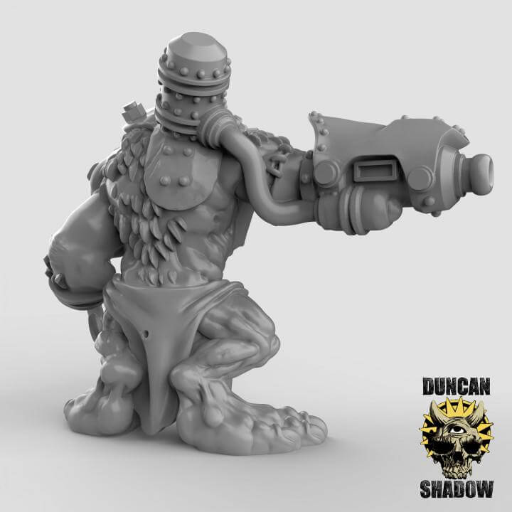 Rat Ogre miniature by Duncan Shadow for tabletop gaming, featuring a detailed design with a gun arm and rugged texture.