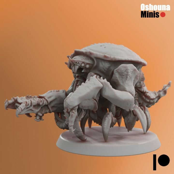 Unpainted Crab Guard miniature with multiple weapon options, perfect for tabletop wargaming and Alien Hive army.