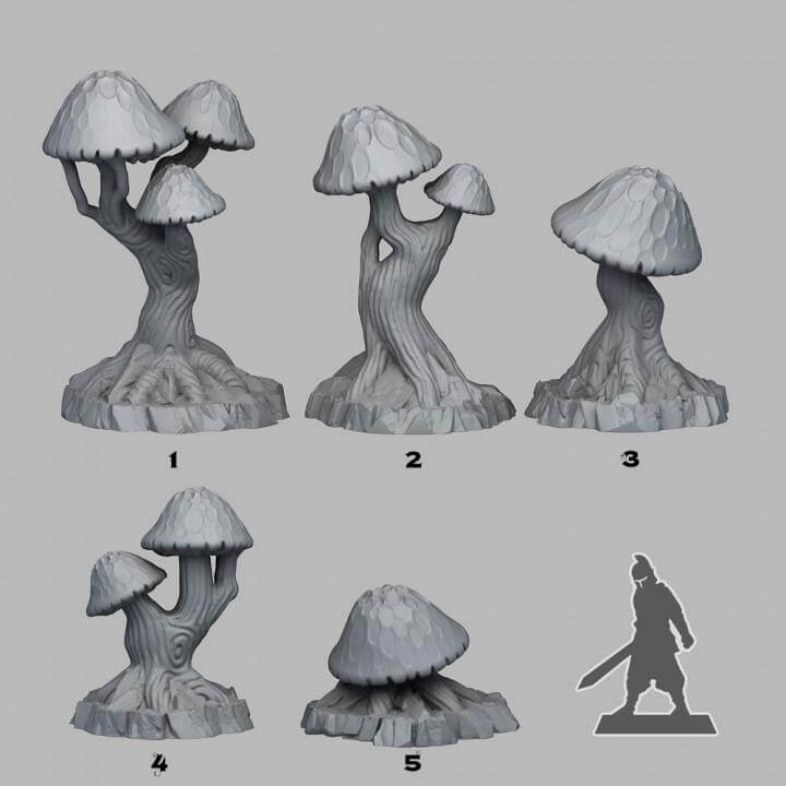 Set of giant resin mushrooms for tabletop wargaming miniatures, ideal for Dungeons and Dragons RPG settings.