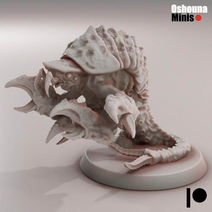 Alien Shrimp miniature by Oshouna Minis for tabletop wargaming, unpainted, compatible with GrimDark and OPR.