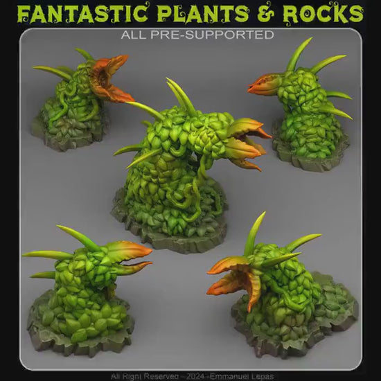 Carnivorous Hedges miniature for tabletop RPGs featuring fantastic plants and rocks in vibrant green and orange.